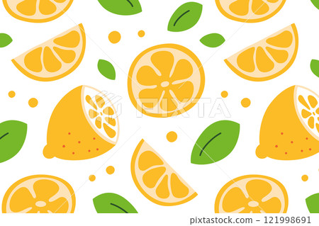 Bright lemon pattern, vector illustration in flat cartoon style. Citrus slices, green leaves, fresh yellow fruit. Perfect for wallpaper, textile, kitchen decor, or tropical designs 121998691