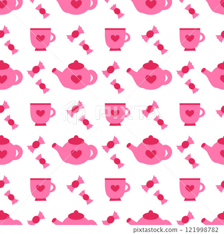 Seamless Pattern with pink teapot, cup and candy. Valentine day. Vector flat illustration. Seamless Pattern with pink teapot, cup and candy. Valentine day. Vector flat illustration. 121998782