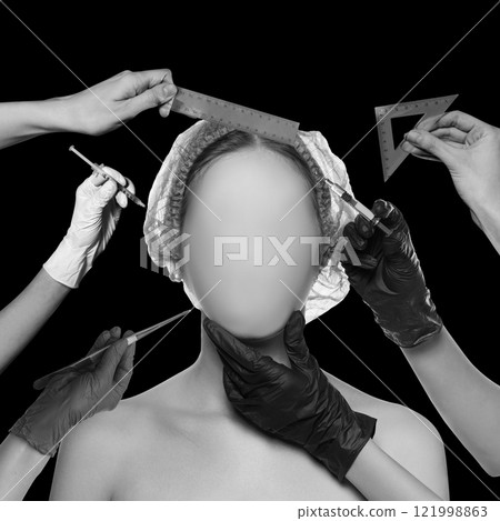 Contemporary art collage. Close-up of model with large flower and hands using makeup tools emphasizing elegance and delicate beauty enhancement. 121998863