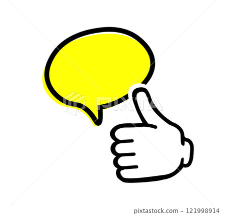 Speech bubble. Up hand white. Gesture. yellow bubble. Speech bubble. Up hand white. Gesture. yellow bubble. 121998914