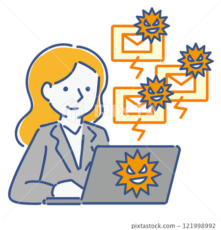 A laptop computer infected with a web virus and a woman in a suit: Illustration material 121998992