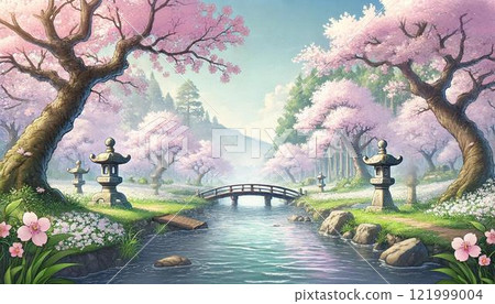 A stream flowing under the bridge and cherry blossoms 121999004