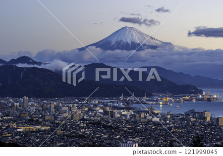 Shimizu Port and Mt. Fuji from Nihon-daira in Shizuoka City at dawn Shimizu Port and Mt. Fuji from Nihon-daira in Shizuoka City at dawn 121999045