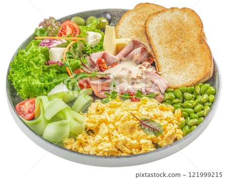 healthy eating, dieting breakfast with ham scrambled eggs, vegetable salad and toast isolated on white background. top view healthy eating, dieting breakfast with ham scrambled eggs, vegetable salad and toast isolated on white background. top view 121999215