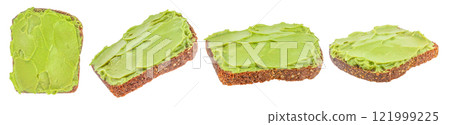 Set of green toasts avocado puree sandwich with whole grain bread isolated on white background. Concept healthy food, vegetarian, vegan breakfast, diet 121999225