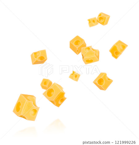 Pieces of cheese flying. Cheese cubes with holes levitating in air isolated on white background 121999226