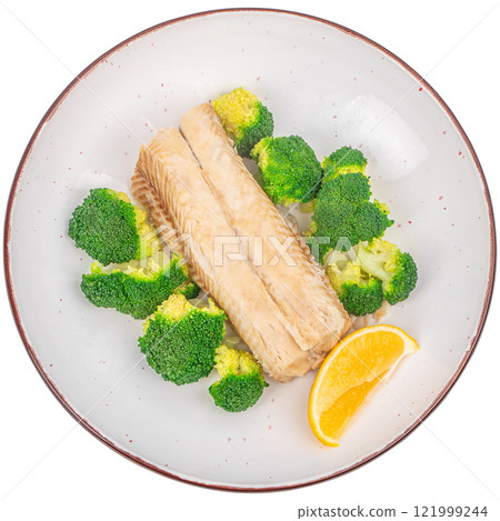 white fish meal with green broccoli, fish with vegetables isolated on white background. clean diet concept 121999244