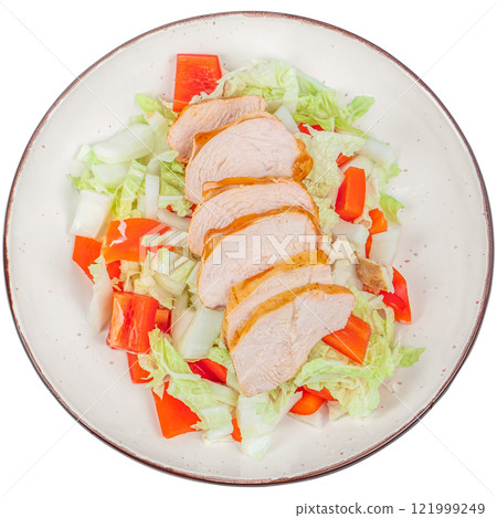 chicken breast, fillet and fresh vegetable salad isolated on white background. Healthy lunch menu. Diet food 121999249