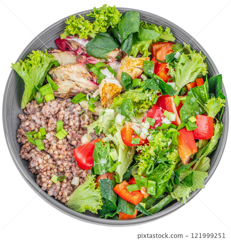 salad with meat, cereals and vegetables, Complex of proteins, fats and carbohydrates isolated on white background. top view 121999251
