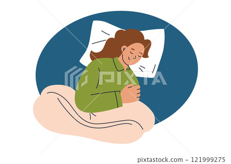 Vector illustration of woman sleeping peacefully on pillow, dressed in cozy pajamas. Perfect for themes of rest, relaxation, and healthy sleep habits. Flat cartoon style, isolated colored clipart Vector illustration of woman sleeping peacefully on pillow, dressed in cozy pajamas. Perfect for themes of rest, relaxation, and healthy sleep habits. Flat cartoon style, isolated colored clipart 121999275