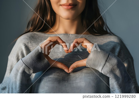 Woman expressing love by making a heart shape with her hands 121999280
