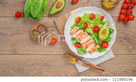Plate of healthy food chicken fillet, avocado and salad on a wooden background. top view. copy space Plate of healthy food chicken fillet, avocado and salad on a wooden background. top view. copy space 121999296