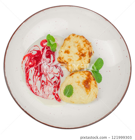 Cottage cheese pancakes with cream sauce and jam isolated on white. concept of a nutritious and healthy breakfast. Top view Cottage cheese pancakes with cream sauce and jam isolated on white. concept of a nutritious and healthy breakfast. Top view 121999303