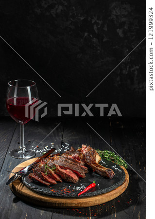 Red wine and grilled meat. Restaurant menu, dieting, cookbook recipe top view Red wine and grilled meat. Restaurant menu, dieting, cookbook recipe top view 121999324