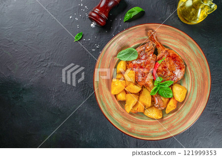 roasted duck leg with potatoes on a dark background. top view. copy space for text 121999353