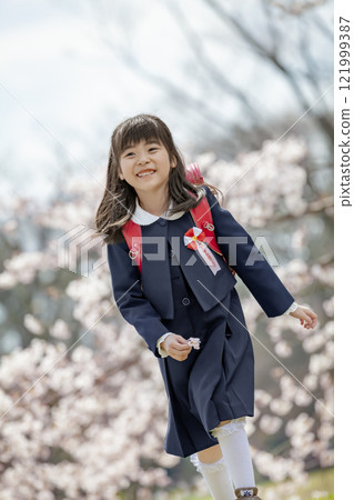 一年級學生背著書包享受櫻花公園 一年級學生背著書包享受櫻花公園 121999387