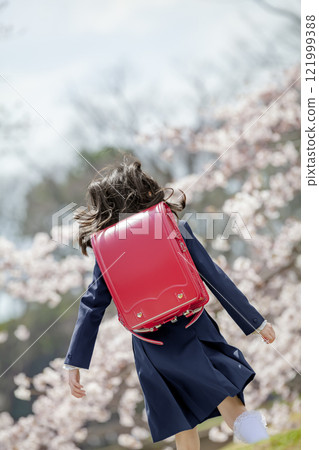一年級學生背著書包享受櫻花公園的後視圖 121999388