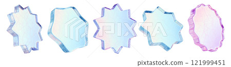 3D ice star icon set, geometric abstract crystal shape, glass shiny circle cracked object design.  121999451