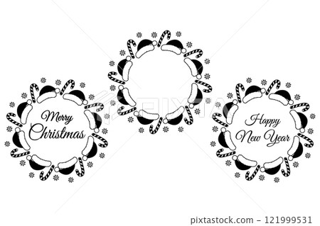 Merry Christmas and Happy New Year lettering with Santa caps, Candy Cane and snowflakes Circle Frame Merry Christmas and Happy New Year lettering with Santa caps, Candy Cane and snowflakes Circle Frame 121999531