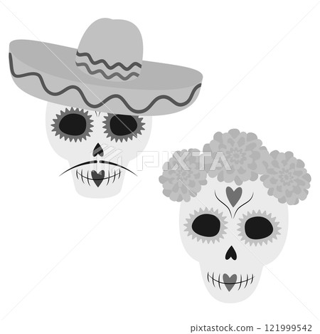 Patterned Male and Female Skull in sombrero and floral wreath Day of the dead Cute character Set 2 121999542
