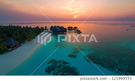Maldives bungalows at sunset creating paradise island escape 121999555