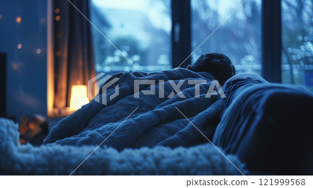 A cozy living room interior with dim lighting, where a person is wrapped in a blanket on the couch, appearing calm yet introspective, capturing Blue Monday quiet mood. 121999568