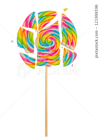 closeup of broken into pieces colorful lollipop candy on white background closeup of broken into pieces colorful lollipop candy on white background 121999596