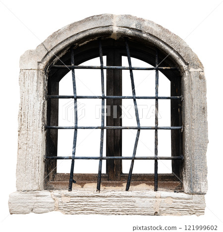 Arched window with iron bars isolated on white background Arched window with iron bars isolated on white background 121999602