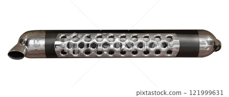 Shiny chrome exhaust pipe with perforations isolated 121999631