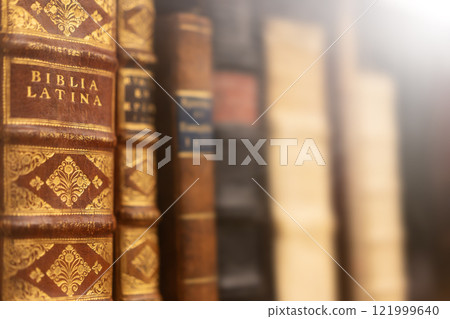 Decorative vintage book spines in soft focus lighting 121999640