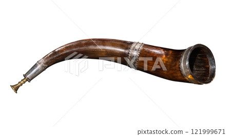 Vintage hunting horn isolated on white Vintage hunting horn isolated on white 121999671