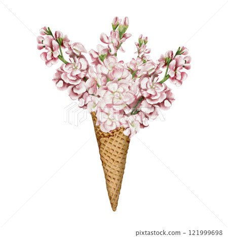 Spring bouquet. Pink flowers in an ice cream cone. Flower dessert. Mathiolla flowers. Watercolor illustration without background. Retro vintage style. Pastel colors. Spring or summer card. Spring bouquet. Pink flowers in an ice cream cone. Flower dessert. Mathiolla flowers. Watercolor illustration without background. Retro vintage style. Pastel colors. Spring or summer card. 121999698