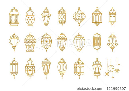 Ramadan lantern. Arabic traditional lanterns. Oriental Muslim hanging golden lanterns with stars, moons, decor elements. Islamic lamp. Ramadan Kareem symbols vector set Ramadan lantern. Arabic traditional lanterns. Oriental Muslim hanging golden lanterns with stars, moons, decor elements. Islamic lamp. Ramadan Kareem symbols vector set 121999807