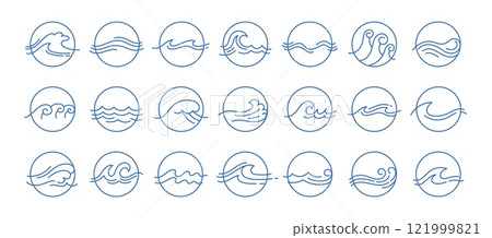 Line sea waves in circle. Doodle wave water icons. Abstract wavy ocean silhouette. Round outline sign with splashes, splatter water. Marine curly, swirly liquid. Vector set 121999821