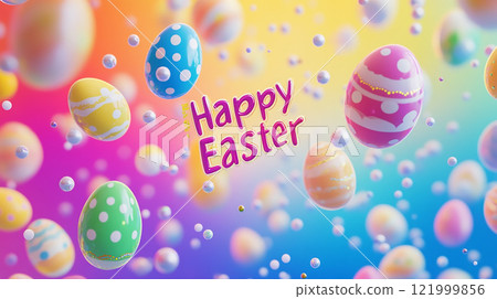 A colorful image of many eggs with the words Happy Easter written below them. The eggs are scattered throughout the image, with some in the foreground and others in the background A colorful image of many eggs with the words Happy Easter written below them. The eggs are scattered throughout the image, with some in the foreground and others in the background 121999856