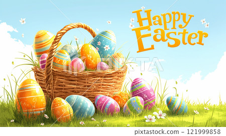 A basket full of Easter eggs with a blue sky in the background. The basket is overflowing with eggs of different colors, including yellow, green, and pink. Concept of joy and celebration 121999858