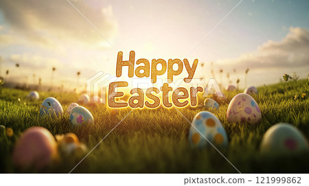 A field of Easter eggs with a bright sun in the background. The eggs are scattered throughout the field, with some closer to the foreground and others further back. Scene is cheerful and festive 121999862