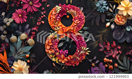 Women's Day A flowery number 8 is displayed on a gray background. The flowers are arranged in a way that makes the number look like a bouquet. Women's Day A flowery number 8 is displayed on a gray background. The flowers are arranged in a way that makes the number look like a bouquet. 121999903