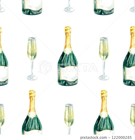 Bottle and glass of champagne seamless pattern, watercolor. Hand drawn vector illustration. Cards, wrapping paper, fabric, covers, holiday banners. 122000285