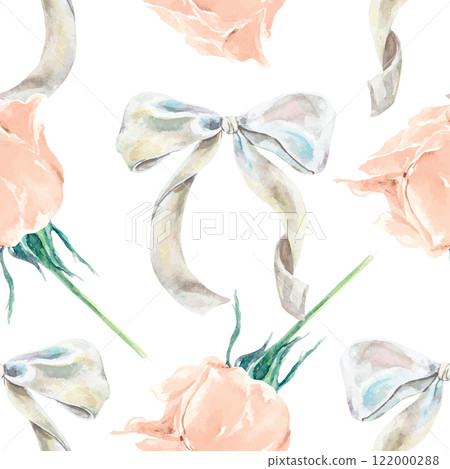 White silk bow and roses seamless pattern, watercolor. Hand drawn vector illustration. For wrapping paper, textile, fabric, covers, wallpaper, labels. White silk bow and roses seamless pattern, watercolor. Hand drawn vector illustration. For wrapping paper, textile, fabric, covers, wallpaper, labels. 122000288