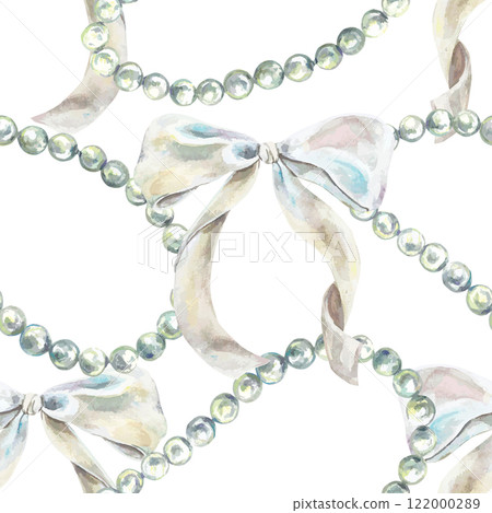 White bow and beads seamless pattern, watercolor. Hand drawn vector illustration isolated. Wrapping paper, textile, fabric, covers, wallpaper, labels. 122000289