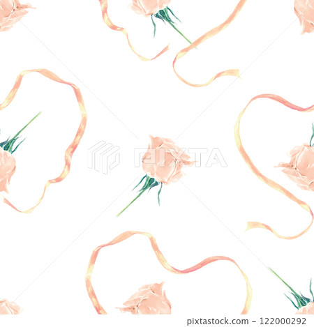 Rosebud and pink ribbon seamless pattern, watercolor. Hand drawn vector illustration. Wedding cards, wrapping paper, textile, fabric, covers, banners. 122000292