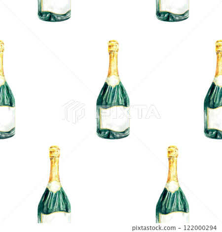 Champagne bottle seamless pattern watercolor. Hand drawn vector illustration. For cards, covers, wrapping paper, fabric, wallpaper, labels, banners. Champagne bottle seamless pattern watercolor. Hand drawn vector illustration. For cards, covers, wrapping paper, fabric, wallpaper, labels, banners. 122000294
