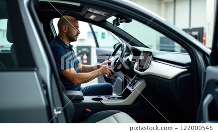 Modern Mechanic in Clean Workshop Replacing Car Parts 122000548