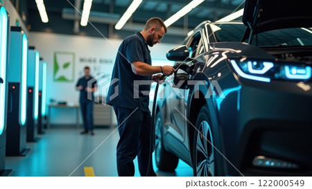 Mechanic Working on Electric Vehicle in Workshop 122000549