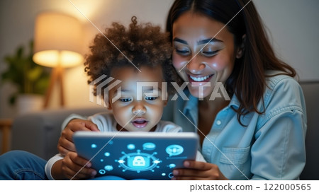 Joyful Child Engaged with a Tablet and Caring Parent Joyful Child Engaged with a Tablet and Caring Parent 122000565