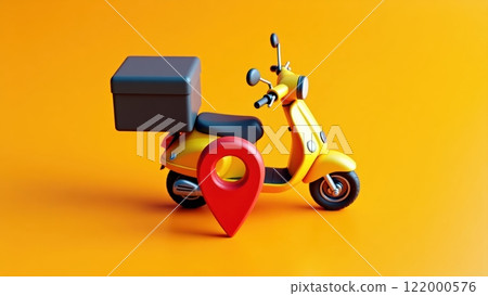Bright Yellow Scooter with Delivery Box on Orange Background 122000576
