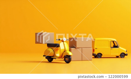 Bright Yellow Scooter with Boxes on Vibrant Background 122000599