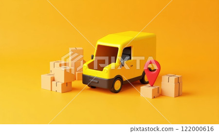 Bright Yellow Delivery Truck with Open Back Door 122000616