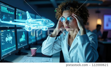 Woman Engineer Analyzing Data in High-Tech Lab Woman Engineer Analyzing Data in High-Tech Lab 122000621